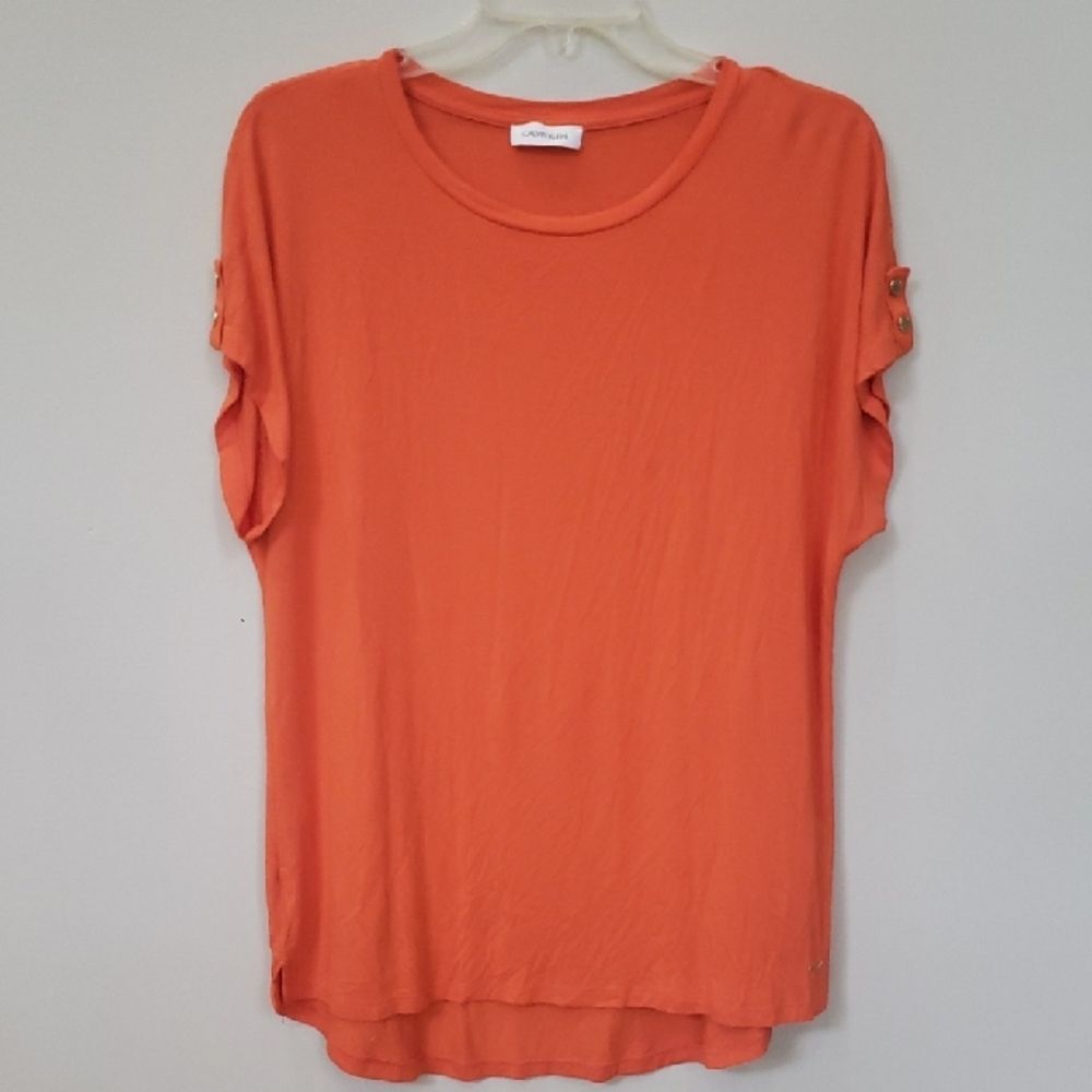 Calvin Klein Shirt Womens XL Orange Short Sleeve Tunic Tee Gold Button Trim